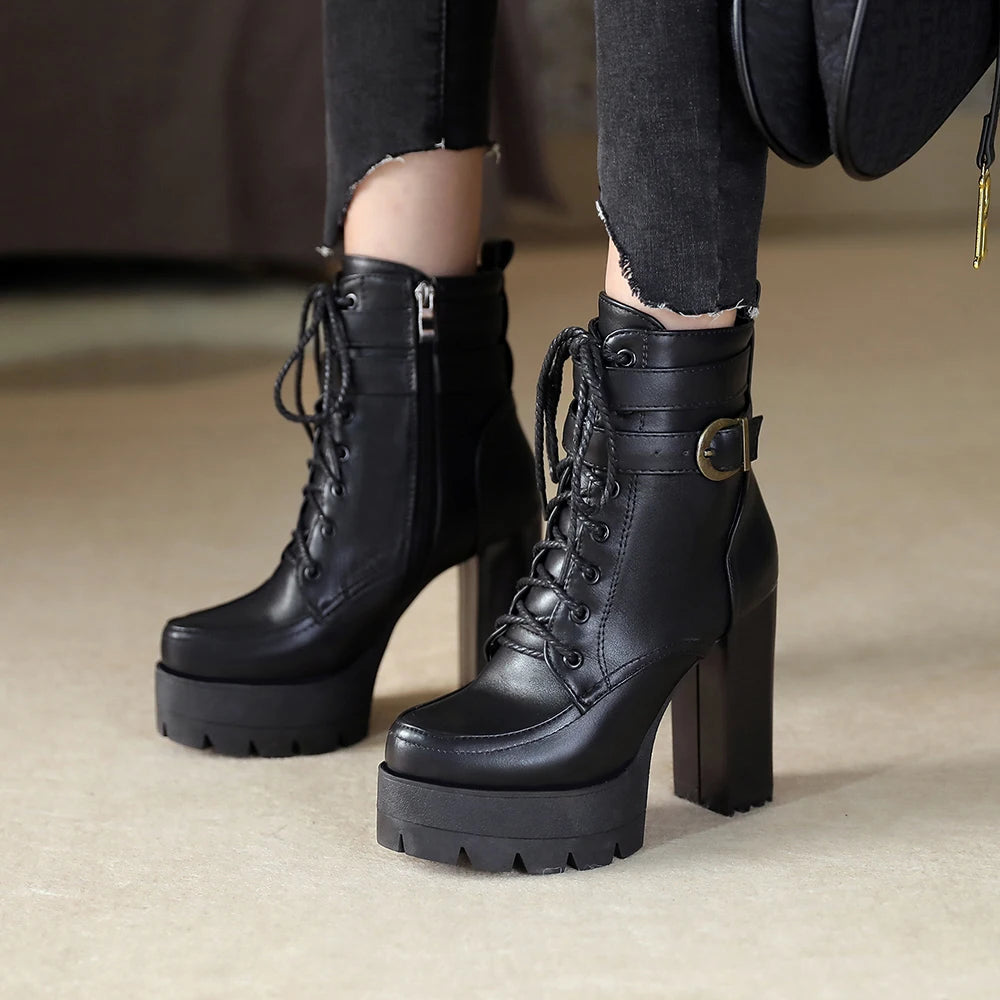 Black Platform Combat Ankle Boots For Women Round Toe Buckle Strap Woman Lace Up Shoes Winter Biker Boot Motorcycle Bottes 41 42