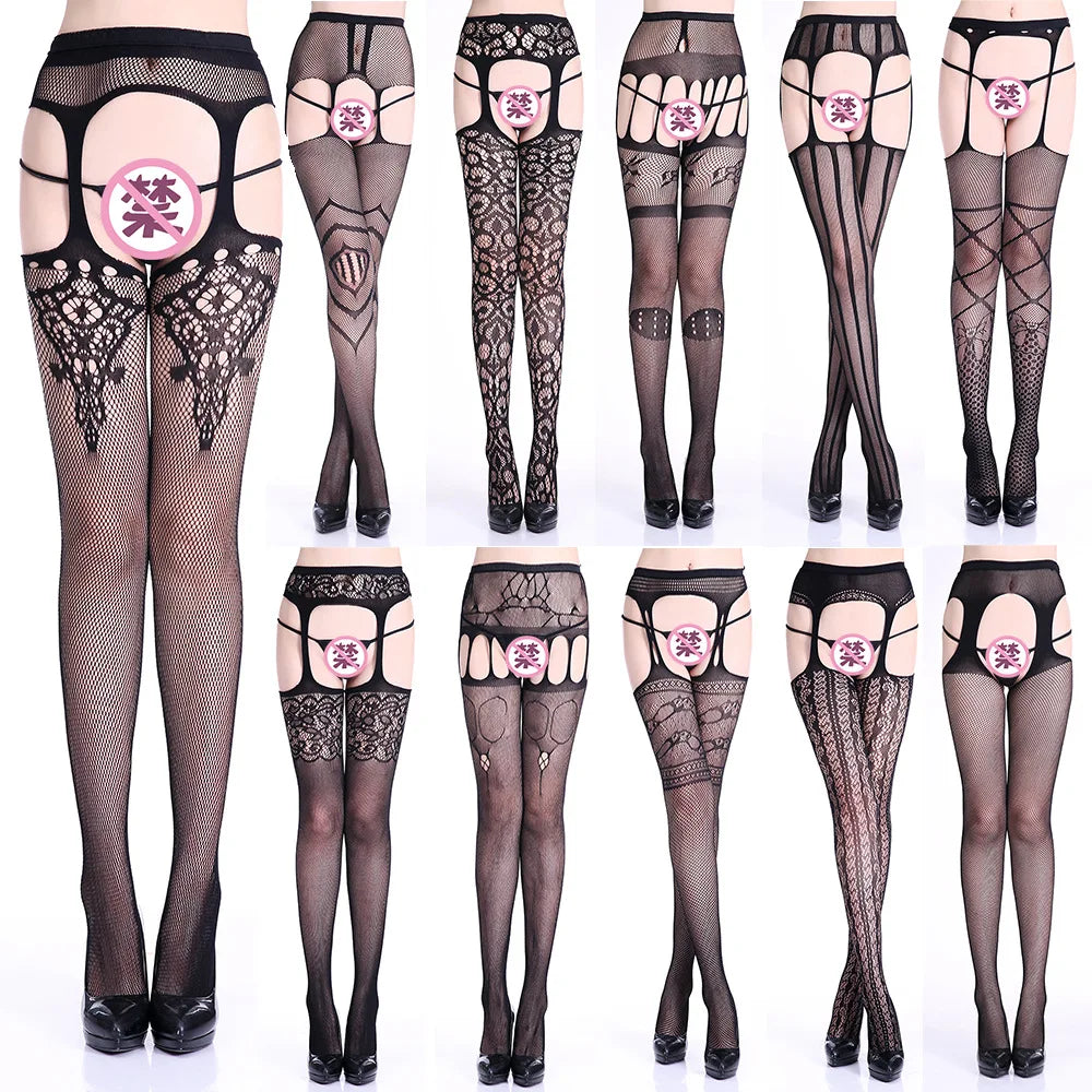 27 Style Women Fishnet Stockings Lingerie Black Jacquard Lace Belt Mesh Elastic Thigh High Stockings Female Spider Web Pantyhose