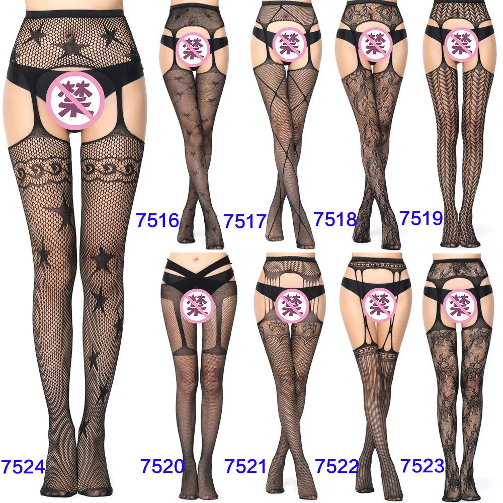 27 Style Women Fishnet Stockings Lingerie Black Jacquard Lace Belt Mesh Elastic Thigh High Stockings Female Spider Web Pantyhose