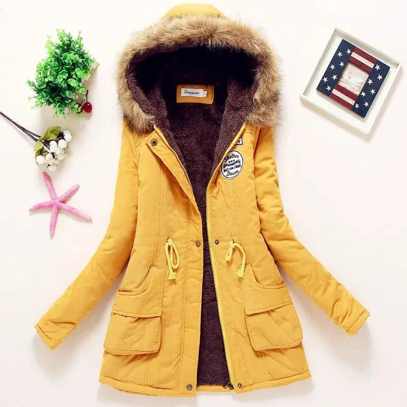 Korean Style Thickened Long Cotton Jacket Women's Winter Coat with Fleece Lining And Fur Collar Slim Fit plus Size Top