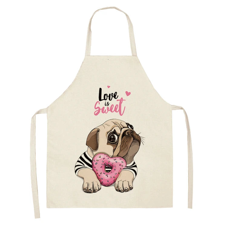 Cute Dog Pug Pattern Cotton Linen Sleeveless Chef Apron Kitchen Aprons Women Home Cooking Baking Waist Bib Pinafore 55x68cm