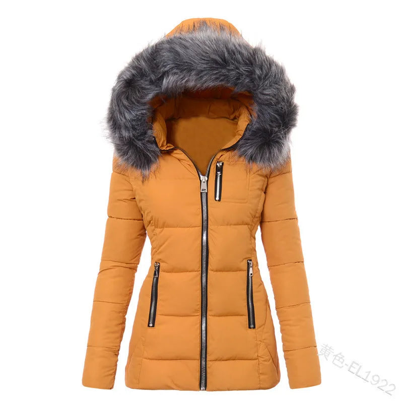 Women Parkas Jacket Cotton Coat Winter Thick Fur Collar Hooded Windproof Padded Jackets Outerwear Zipper Overcoat Office Lady