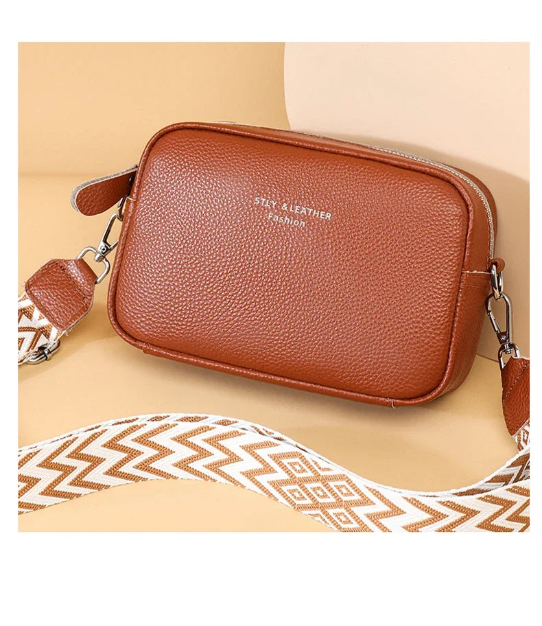 100% Genuine Leather Women Shoulder Bag 2025 New High Quality Cowhide Female Crossbody Bags Wide Shoulder Strap Girls Handbag