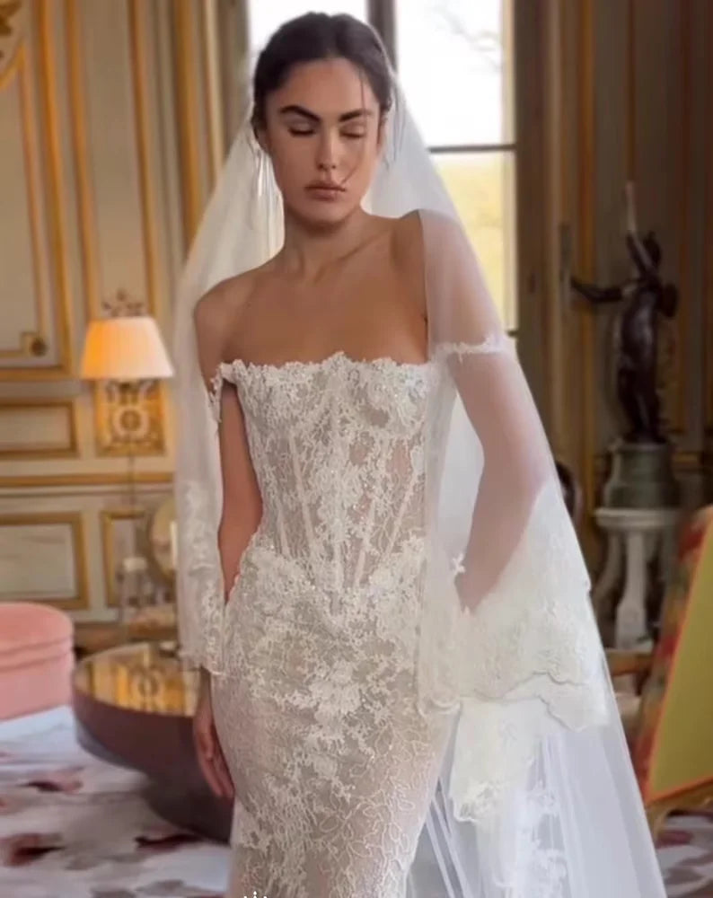 Luxury Fishtail Dress Elegant Church Train Wedding Dress Off Shoulder Wedding Dress Lace Wedding Dress