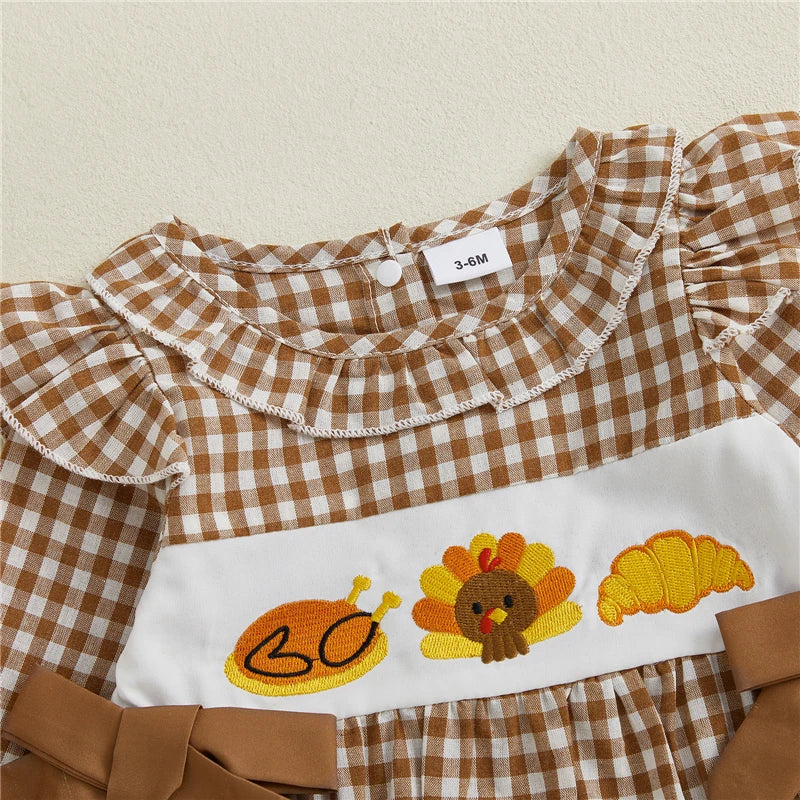 Autumn Baby Girl Thanksgiving Romper Bows Pumpkin Turkey Embroideried Plaid Ruffled Trim Crew Neck Long Sleeve Jumpsuit