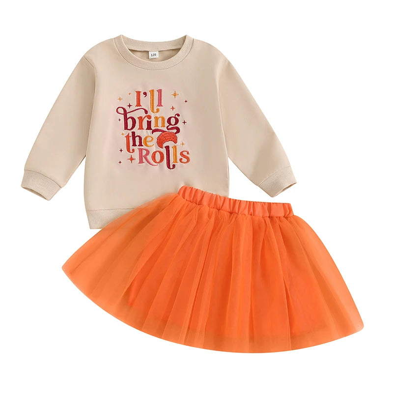 Kids Baby Girl Thanksgiving Outfits Letter Embroidery Long Sleeve Sweatshirt and Orange Tulle Skirt 2 Pcs Party Sets 1-7Years