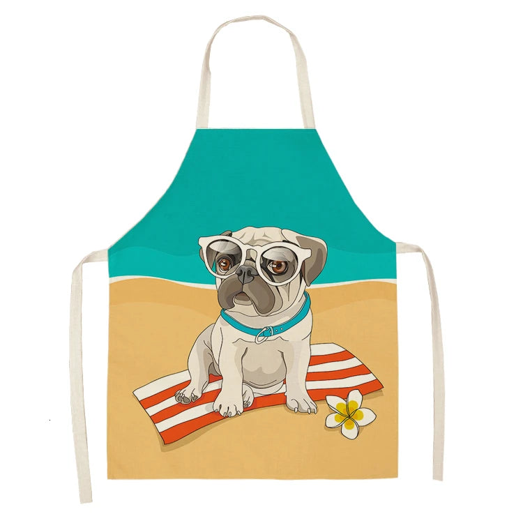 Cute Dog Pug Pattern Cotton Linen Sleeveless Chef Apron Kitchen Aprons Women Home Cooking Baking Waist Bib Pinafore 55x68cm