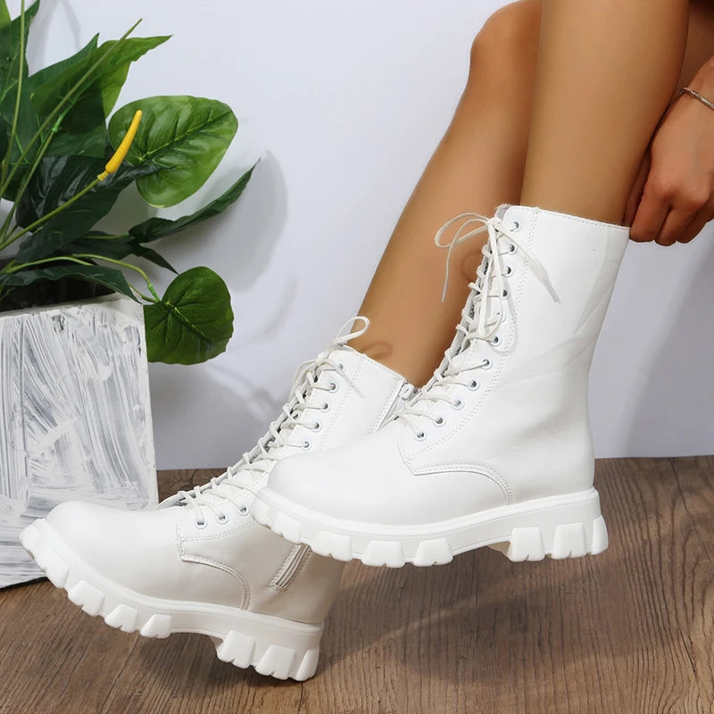 Boots Women 2022 Autumn Winter PU Leather White Ankle Boots Motorcycle Botines Female Chunky Heels Platform Boots Botas Mujer