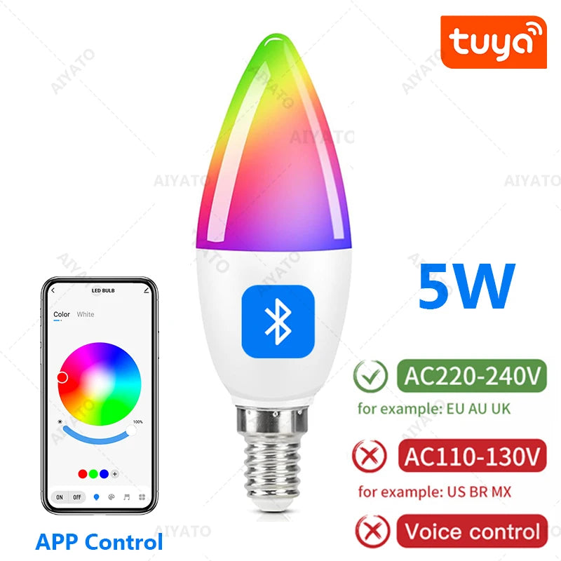 Tuya Bluetooth Smart E14 5W Candle Light Lamps RGBCW 220V Dimming Color Change Atmosphere Group Control Timing Smart Life APP