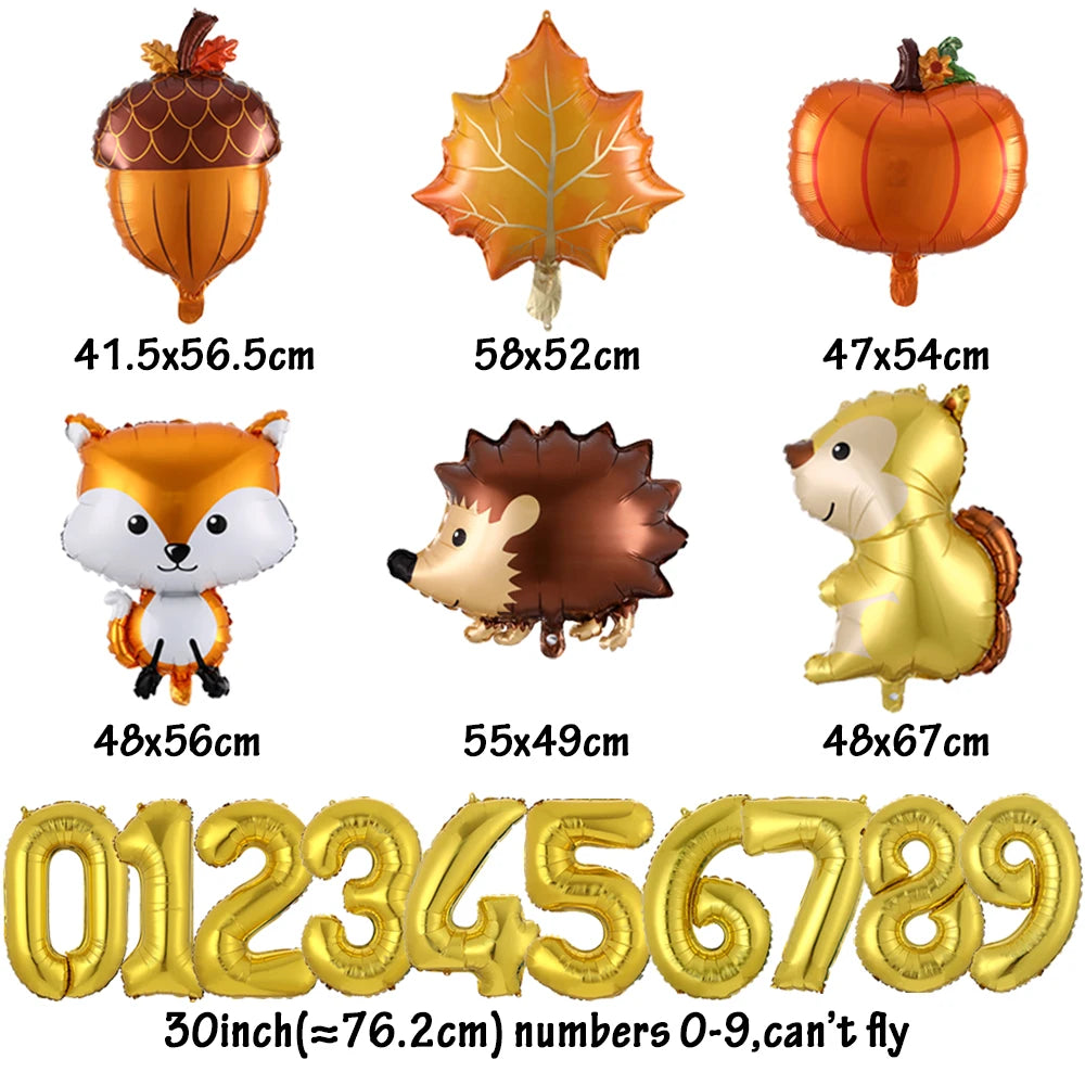 6Pcs Autumn Forest Animals Kids Birthday Party Decoration Squirrel Pine Cone Foil Balloon With 0-9 Number Ball Thanksgiving Gift