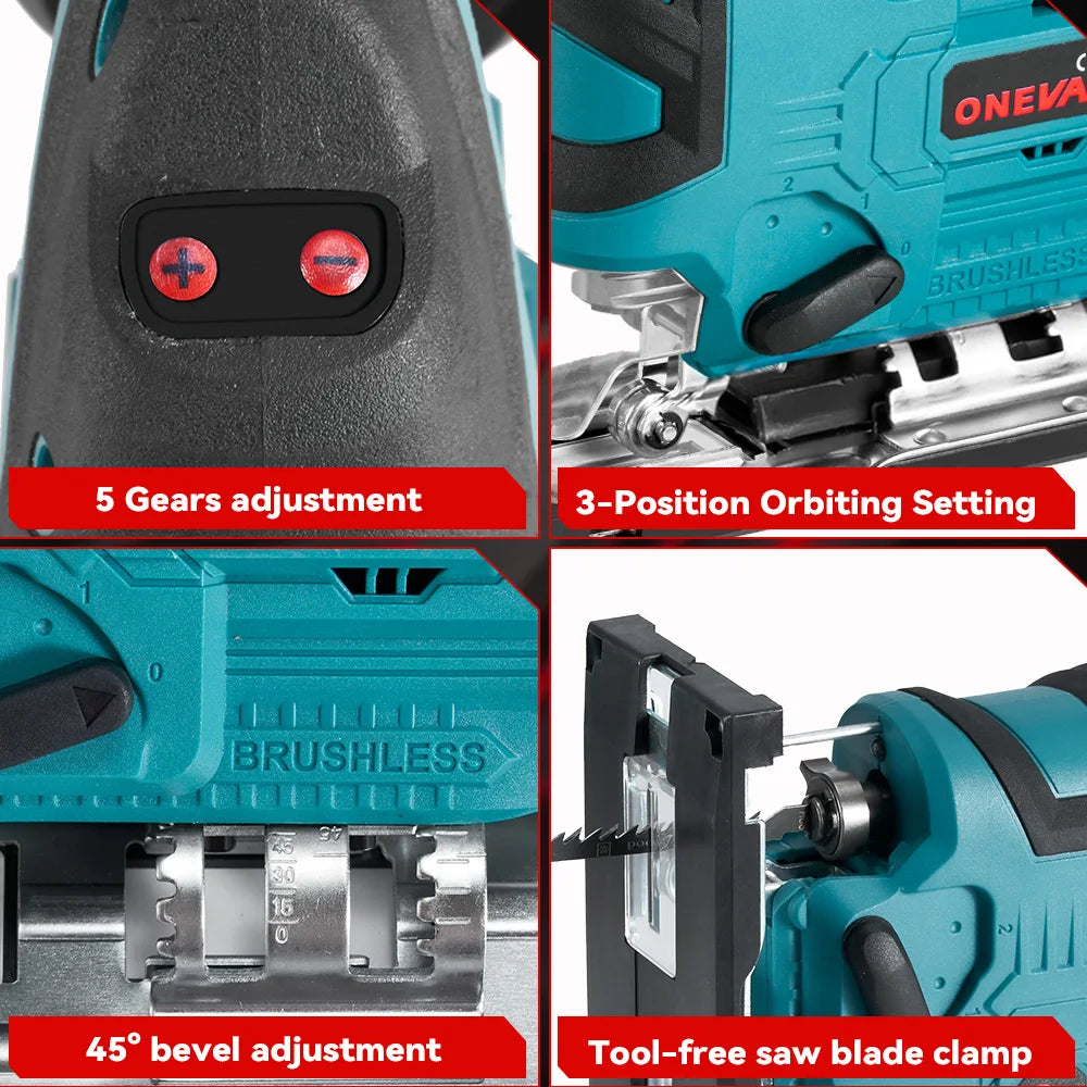ONEVAN 1000W Brushless Electric Jig Saw 3500RPM Cordless Handheld Saw Wood&Pipe Cutting Power Tool For Makita 18V Battery pin