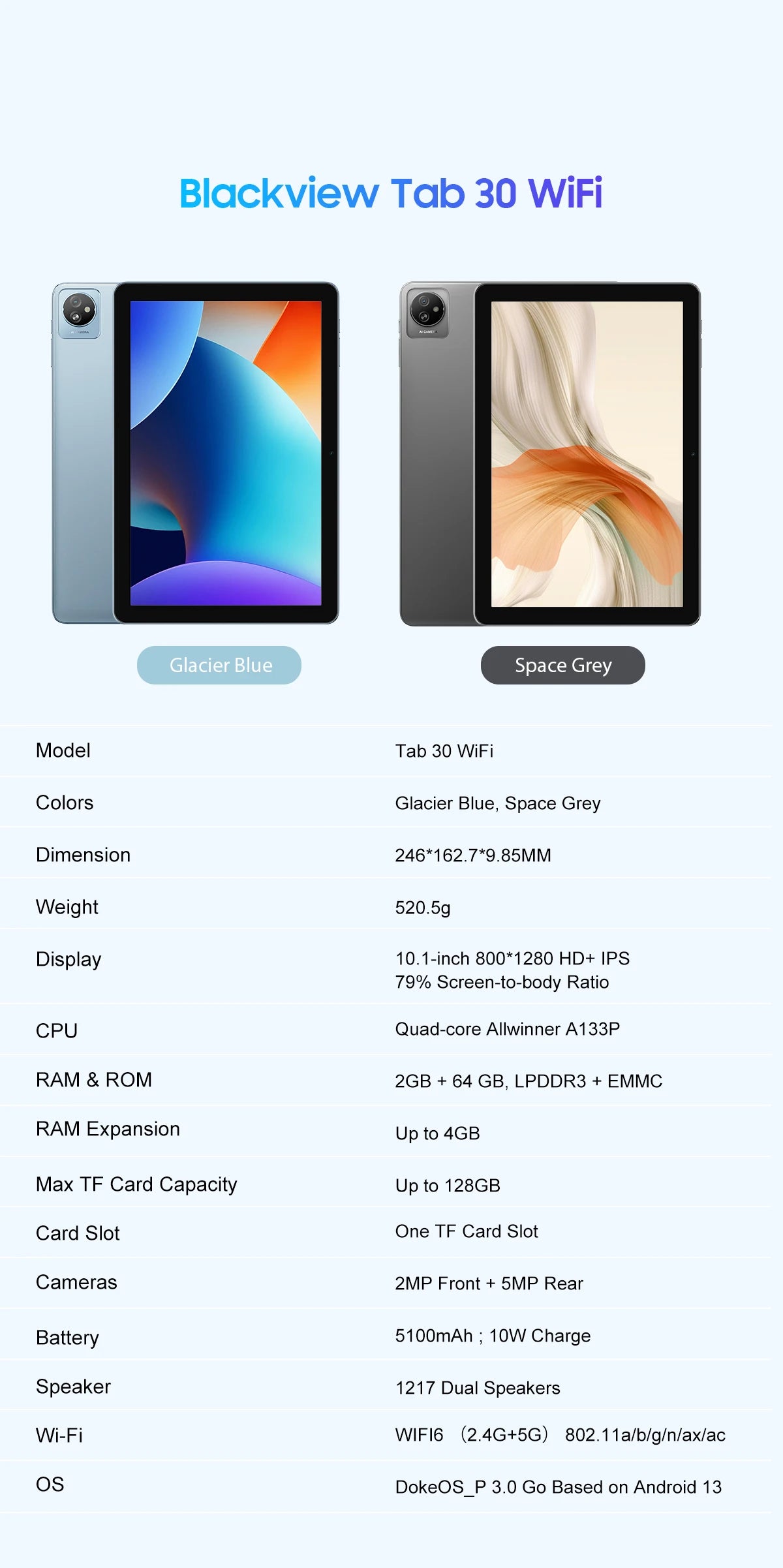 Blackview Tab 30 WIFI Tablet PC 10.1'' 800*1280 HD+IPS Display, Android 13 2GB+64GB,  2.4G/ 5G WIFI 6 Tablet With Dual Speakers