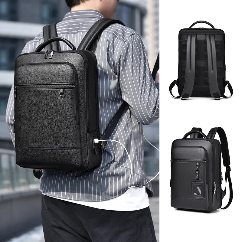 Executive Backpack Men PU Leather USB Charging Satchel Briefcase Office Travel Laptop Office Business Shoulder Back Pack Male
