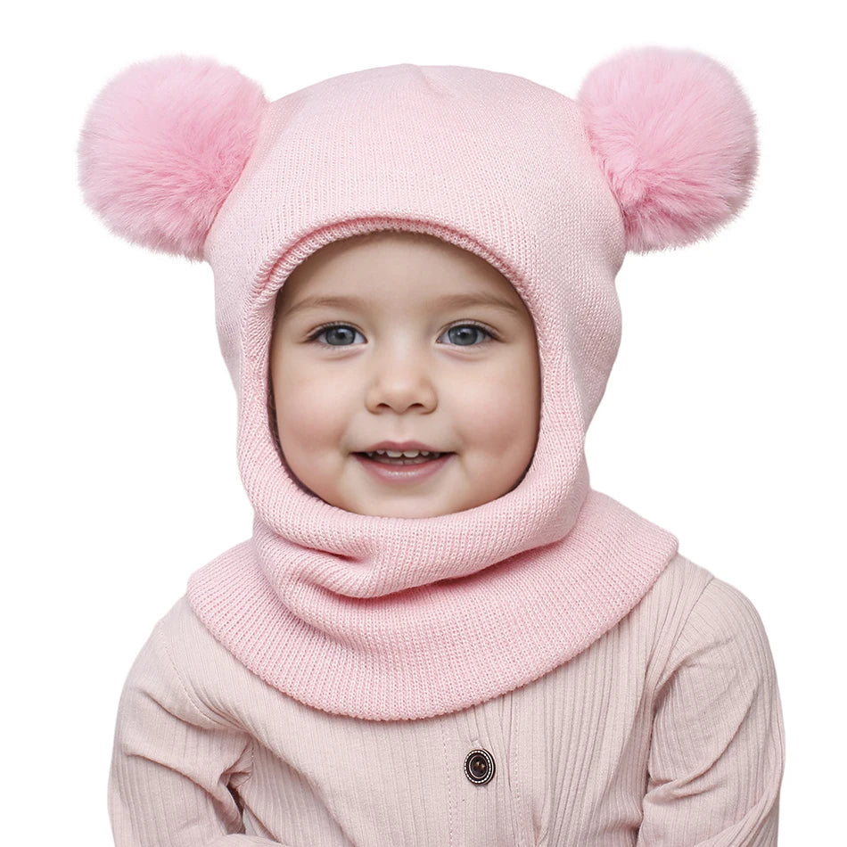 Kids Yarn Knit Balaclava Cap Autumn Winter Pullover Ear Protection Double Ball One-piece Baby Christmas Gift Hat