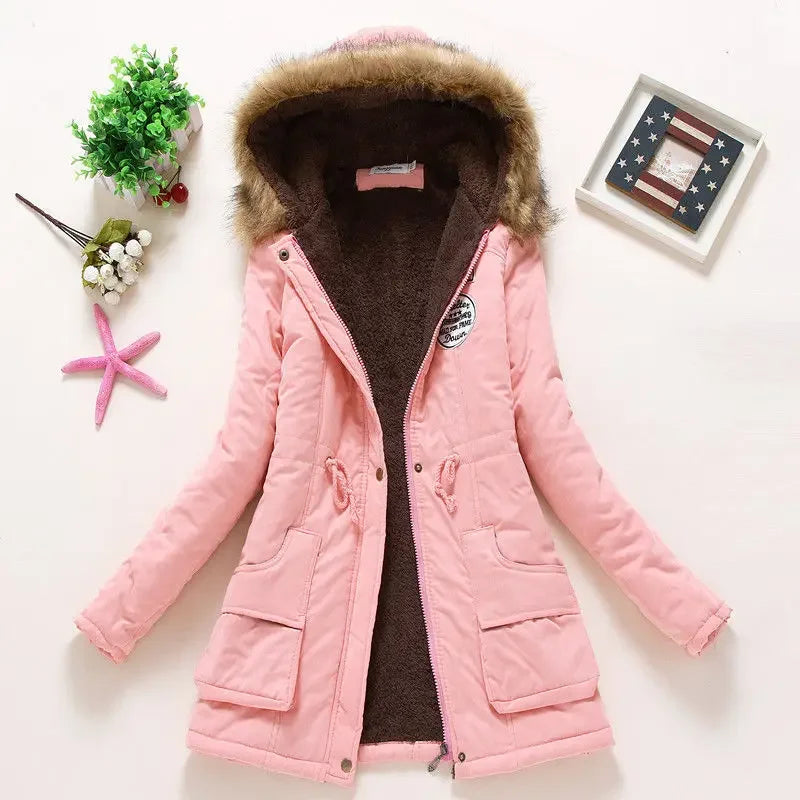 Korean Style Thickened Long Cotton Jacket Women's Winter Coat with Fleece Lining And Fur Collar Slim Fit plus Size Top