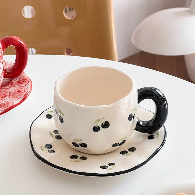 340ML Hand-painted Flower Love heart Ceramic Coffee Cup with Saucer Home Office Water Cup Breakfast Milk Juice Teacup Gift Set