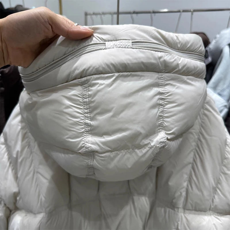 Winter Hooded Warm Mid Length Down Jacket Female Double Zipper Solid Parker Outwears Women 90% White Duck Down Loose Down Jacket