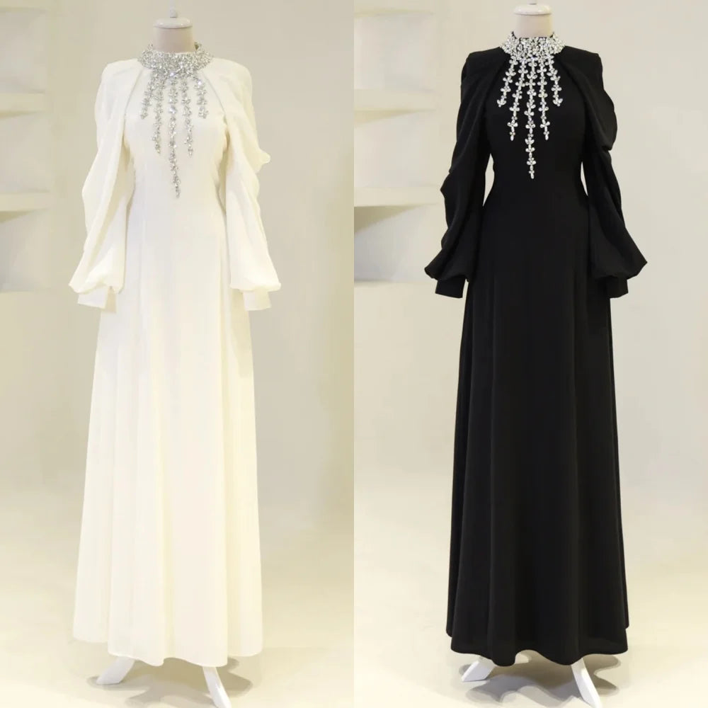 Matching Jersey Pleat Sequined A-line High Collar Long Dresses Bespoke Occasion Intricate Formal