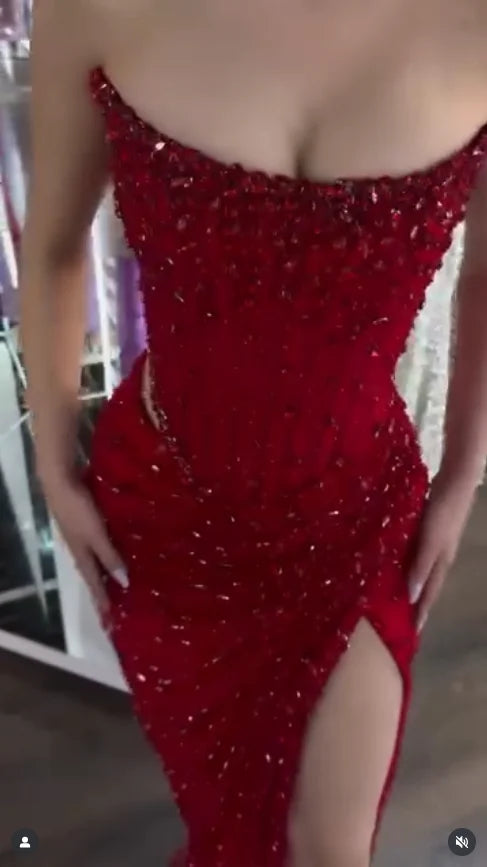 Customized Red Rhinestones Side Split Mermaid Prom Dress Cut-out Sleeveless Vestidos De Noche Floor-Length Formal Evening