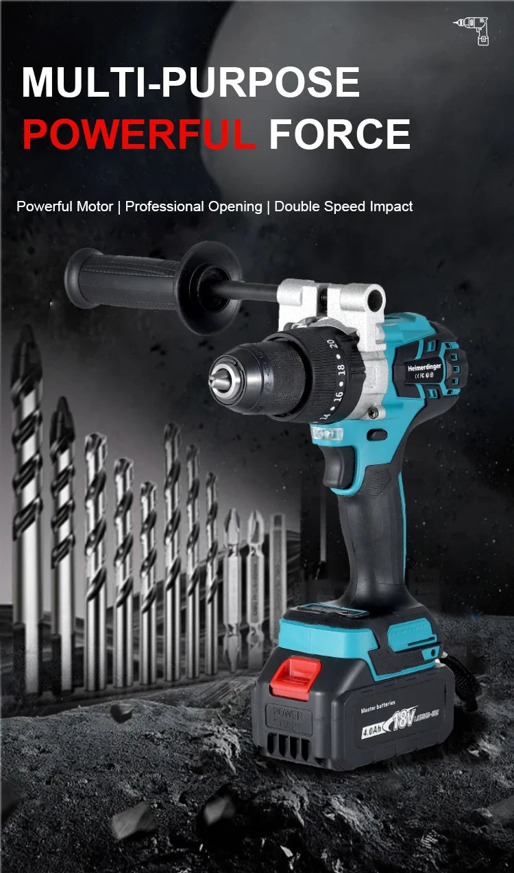 Heimerdinger Brushless Cordless Drill, 1300 In-lb(150N.m) Torque Electric Drill, 1/2" Driver-Drill,2 Variable Speed Drill