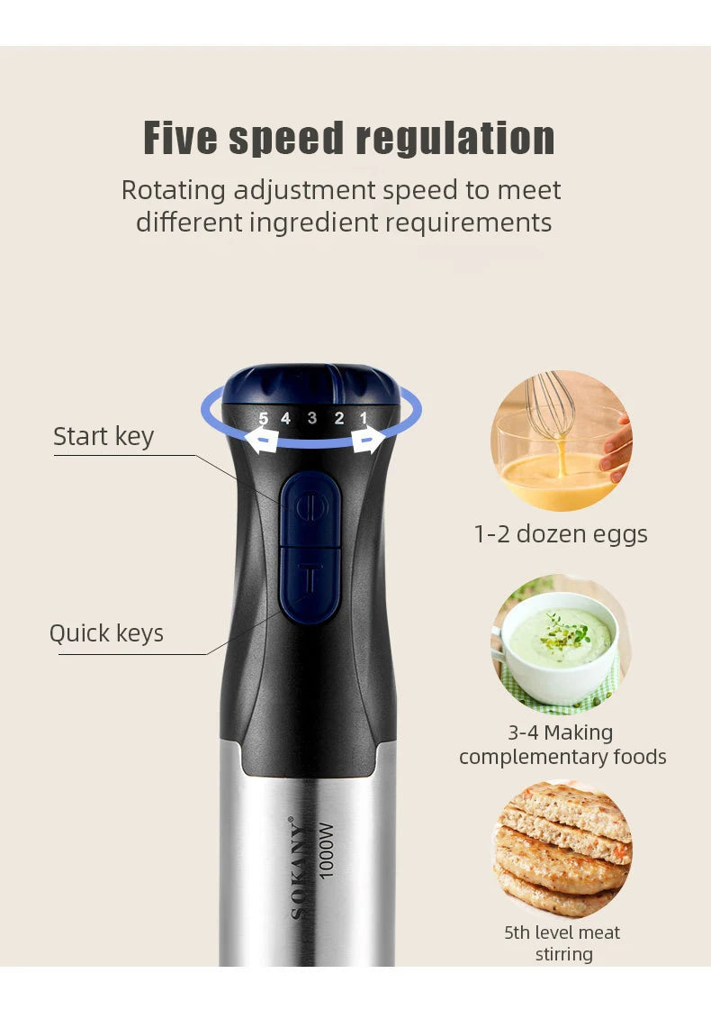 4 in 1 1000W Electric Hand Blender,stainless steel blade hand blender, meat and vegetable immersion, egg juicer set