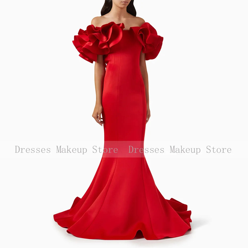 Elegant Wedding Party Dress Red Satin Off the Shoulder Trumpet Formal Evening Gowns Long Ruffle Mermaid Women's Prom Dresses