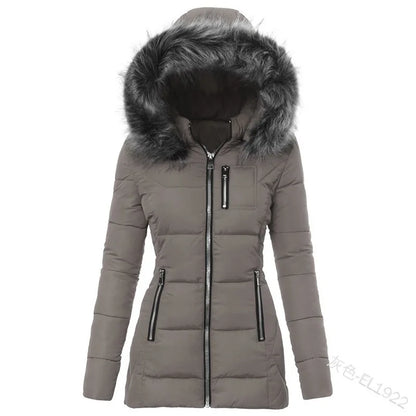 Women Parkas Jacket Cotton Coat Winter Thick Fur Collar Hooded Windproof Padded Jackets Outerwear Zipper Overcoat Office Lady