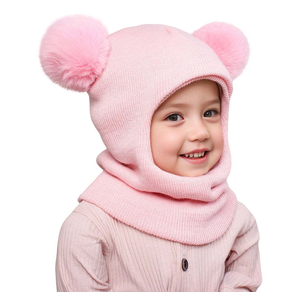 Kids Yarn Knit Balaclava Cap Autumn Winter Pullover Ear Protection Double Ball One-piece Baby Christmas Gift Hat