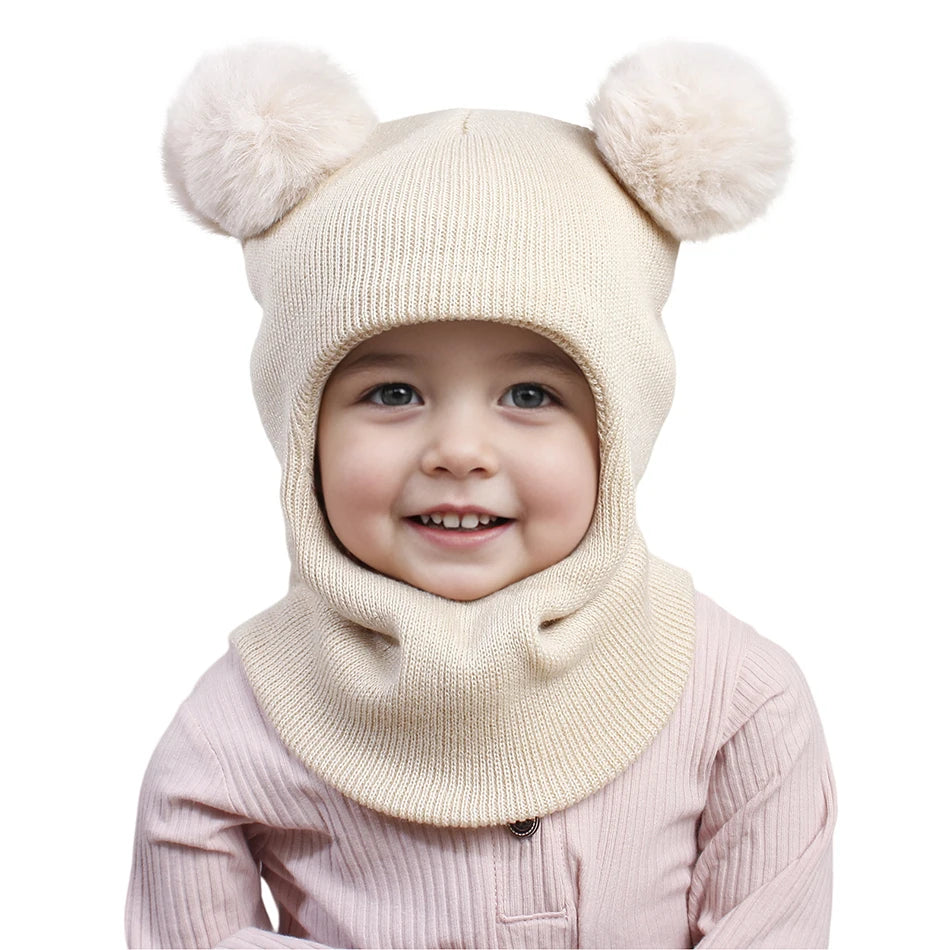 Kids Yarn Knit Balaclava Cap Autumn Winter Pullover Ear Protection Double Ball One-piece Baby Christmas Gift Hat