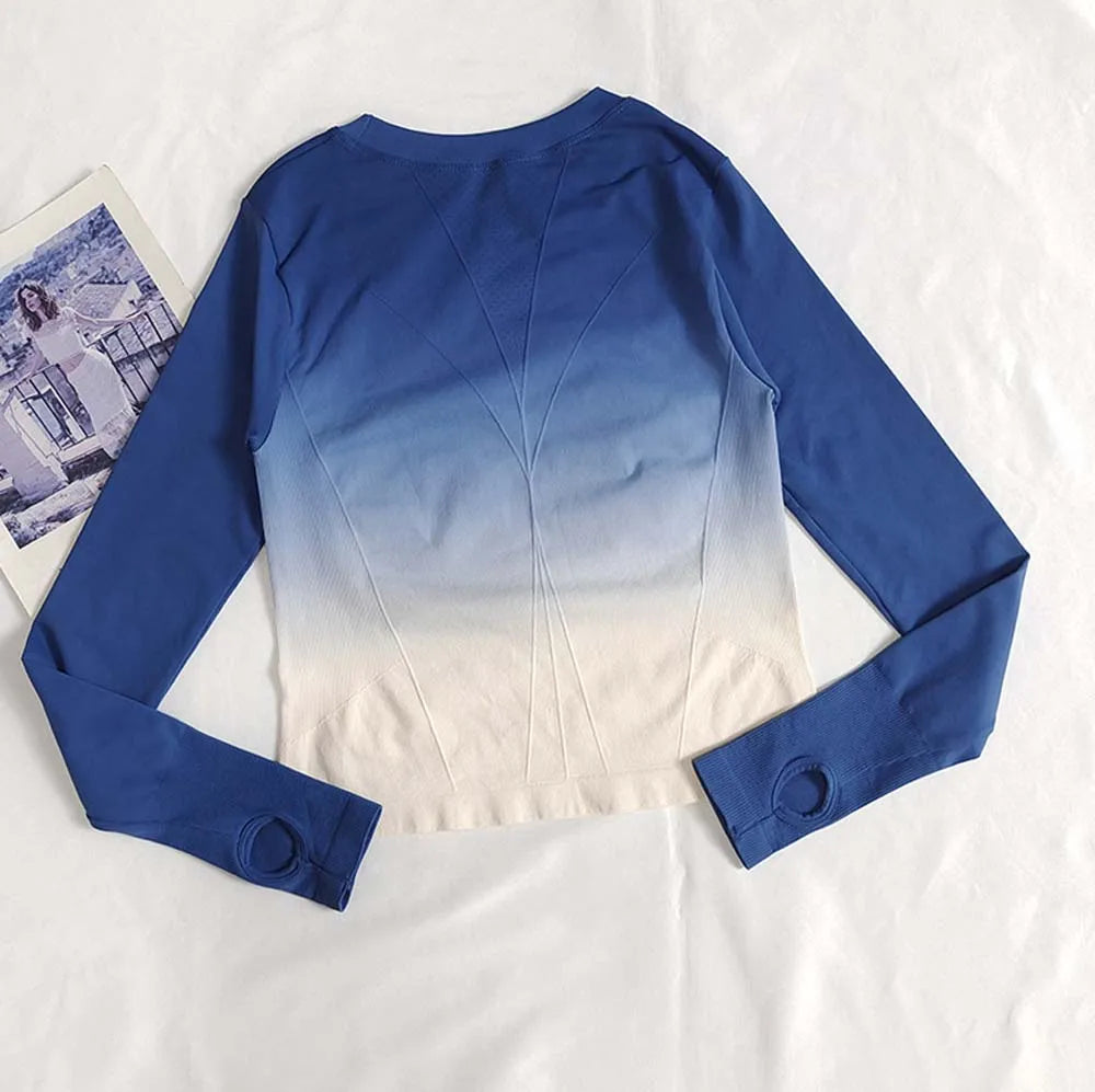 Gradient Fashionable Slimming Sports T-Shirt Fitness Top for Women Tight Quick-Dry Long-Sleeve Shirt Yoga Wear Training Body-Sha