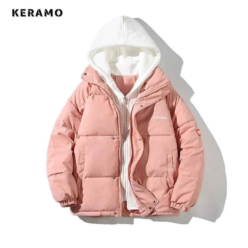 Women Casual All-match Long Sleeve Single Breasted Simple Hooded Parkas 2023 Winter Fake Two Piece Warm Jacket Solid Coat