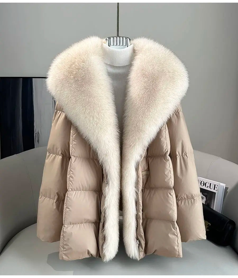 2025 Winter New Mid-length Temperament White Goose Puffer Parkas Women Fox Fur Detachable Large Lapel Fur Down Jacket High Qual