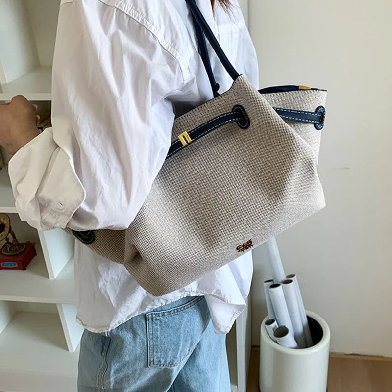 Luxury Canvas Dumpling Handbag Vintage Large Capacity Tote Bag Brand Pleated Drawstring Design Versatile Fashion Shoulder Purse