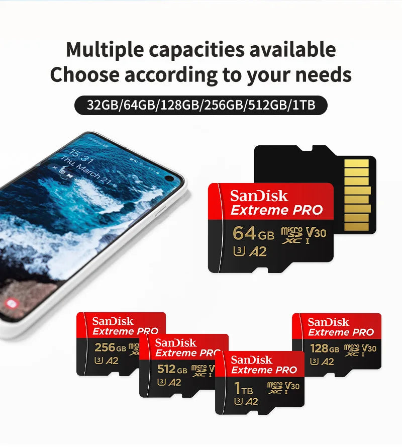 100% Original SanDisk Micro SD Card A1 A2 Memory Card 32GB 64GB 128GB 256GB 512GB 1TB microSD TF Card Storage UHS-I Cards U1 U3