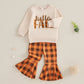 Thanksgiving Toddler Girl Outfit Cute Letter Print Crew Neck Sweatshirt and Plaid Flare Pants Set for Fall Celebration