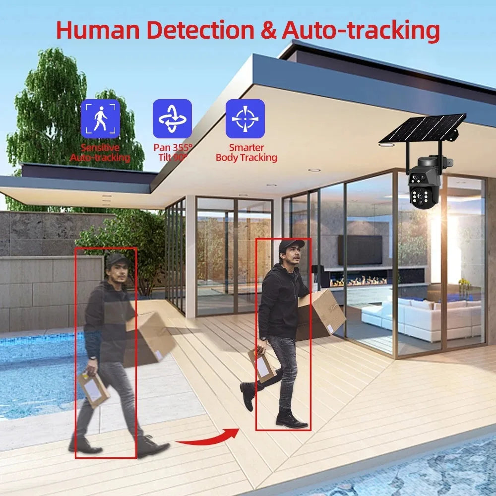 4G Solar Camera Outdoor Dual Lens 8MP 4K WiFi PTZ IP Security Camara With Solar Panel CCTV Built in Battery Auto Tracking Cam