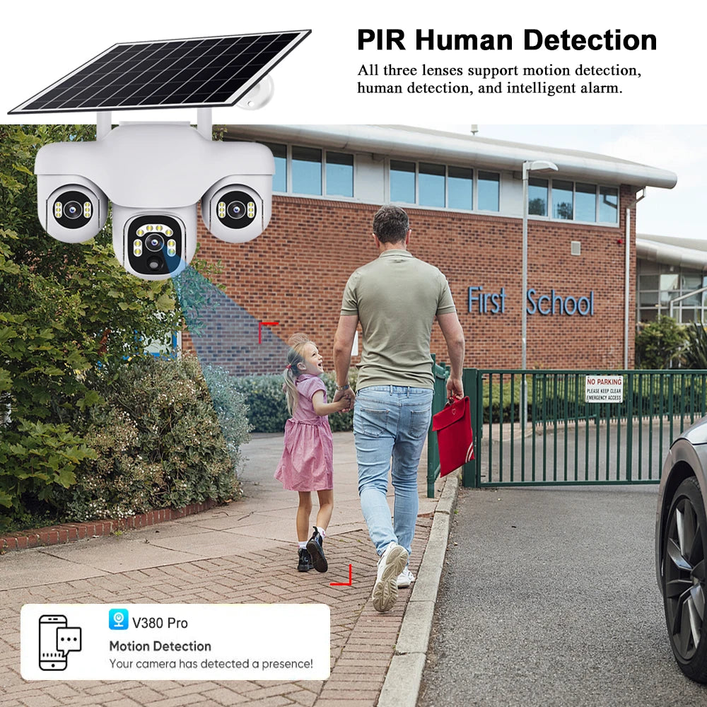 Three Lens Three Screens WIFI Solar Camera 15MP 10X Zoom CCTV Outdoor Automatic Tracking Humanoid Detection PTZ IP66 Cam V380