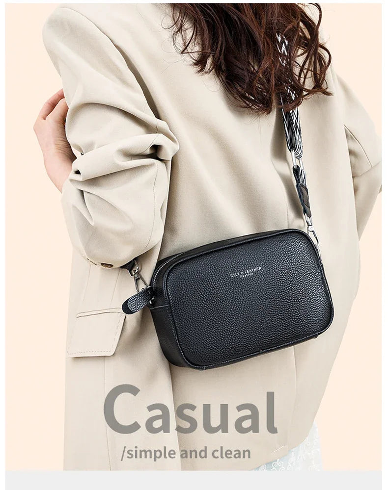 100% Genuine Leather Women Shoulder Bag 2025 New High Quality Cowhide Female Crossbody Bags Wide Shoulder Strap Girls Handbag