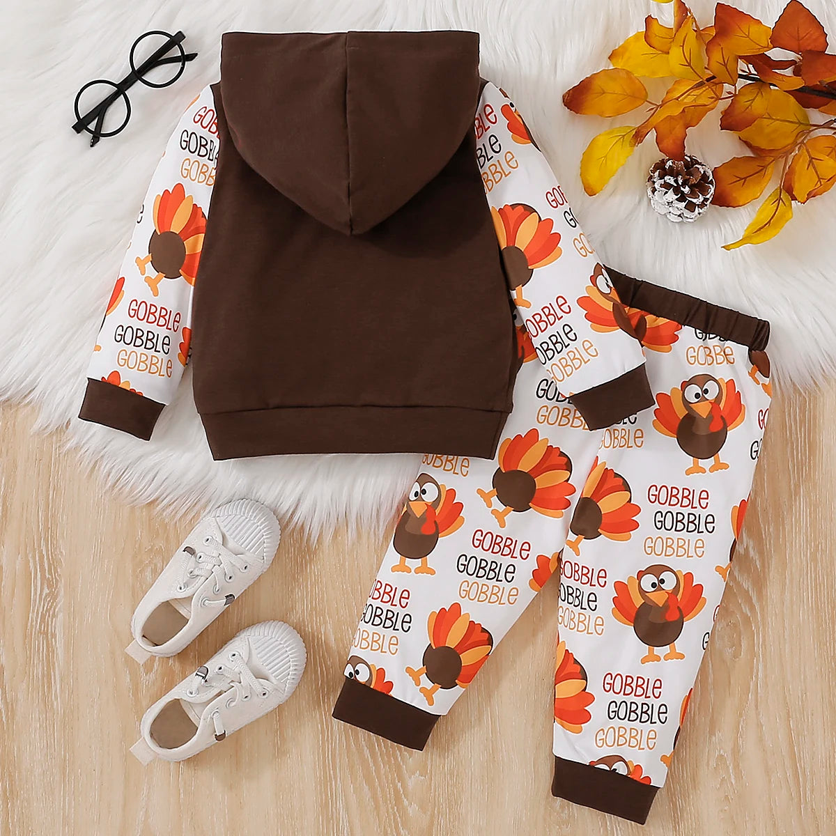 Unisex Baby Thanksgiving Letter Print Hoodie And Full Print Pants Two-Piece Set for Autumn Winter
