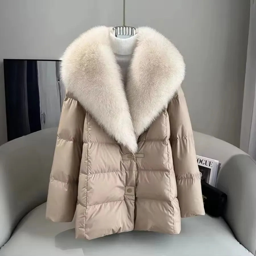2025 Winter New Mid-length Temperament White Goose Puffer Parkas Women Fox Fur Detachable Large Lapel Fur Down Jacket High Qual