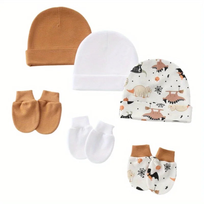 3Set/lot Newborn Baby Hat Gloves Suit Cotton Boys Girls Beanie Hats Cartoon Printed Prevent Face Infant Gloves Shower Gifts