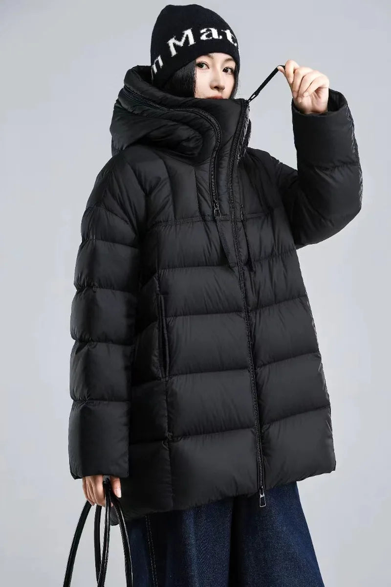Winter Hooded Warm Mid Length Down Jacket Female Double Zipper Solid Parker Outwears Women 90% White Duck Down Loose Down Jacket
