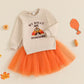 Kids Baby Girl Thanksgiving Outfits Letter Embroidery Long Sleeve Sweatshirt and Orange Tulle Skirt 2 Pcs Party Sets 1-7Years