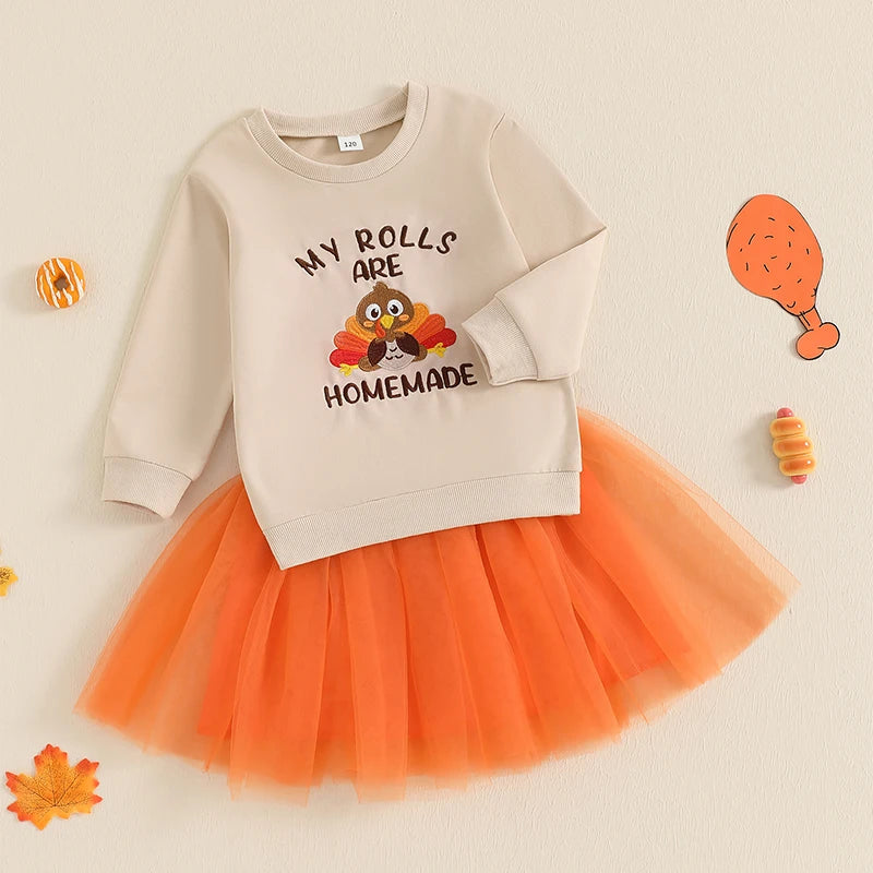Kids Baby Girl Thanksgiving Outfits Letter Embroidery Long Sleeve Sweatshirt and Orange Tulle Skirt 2 Pcs Party Sets 1-7Years