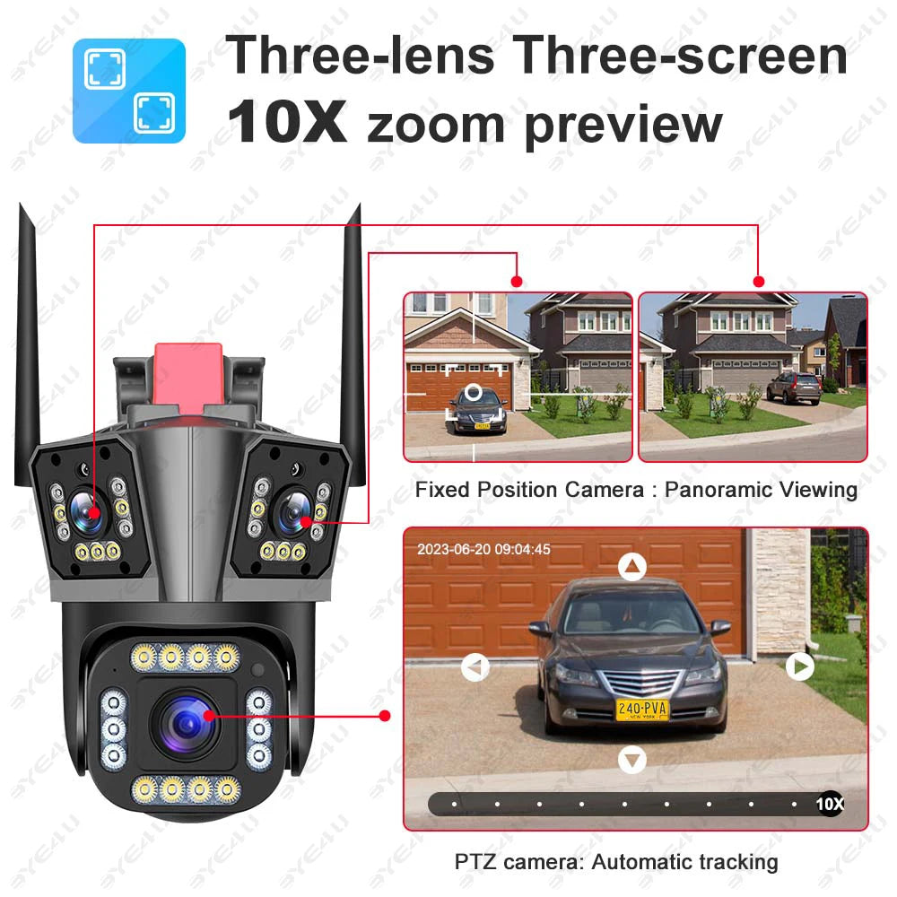 4K Dual Lens Camera Outdoor 10X Zoom PTZ 5K Triple Lens Security Cameras Auto Tracking 8K Four Lens Video Surveillance Webcam