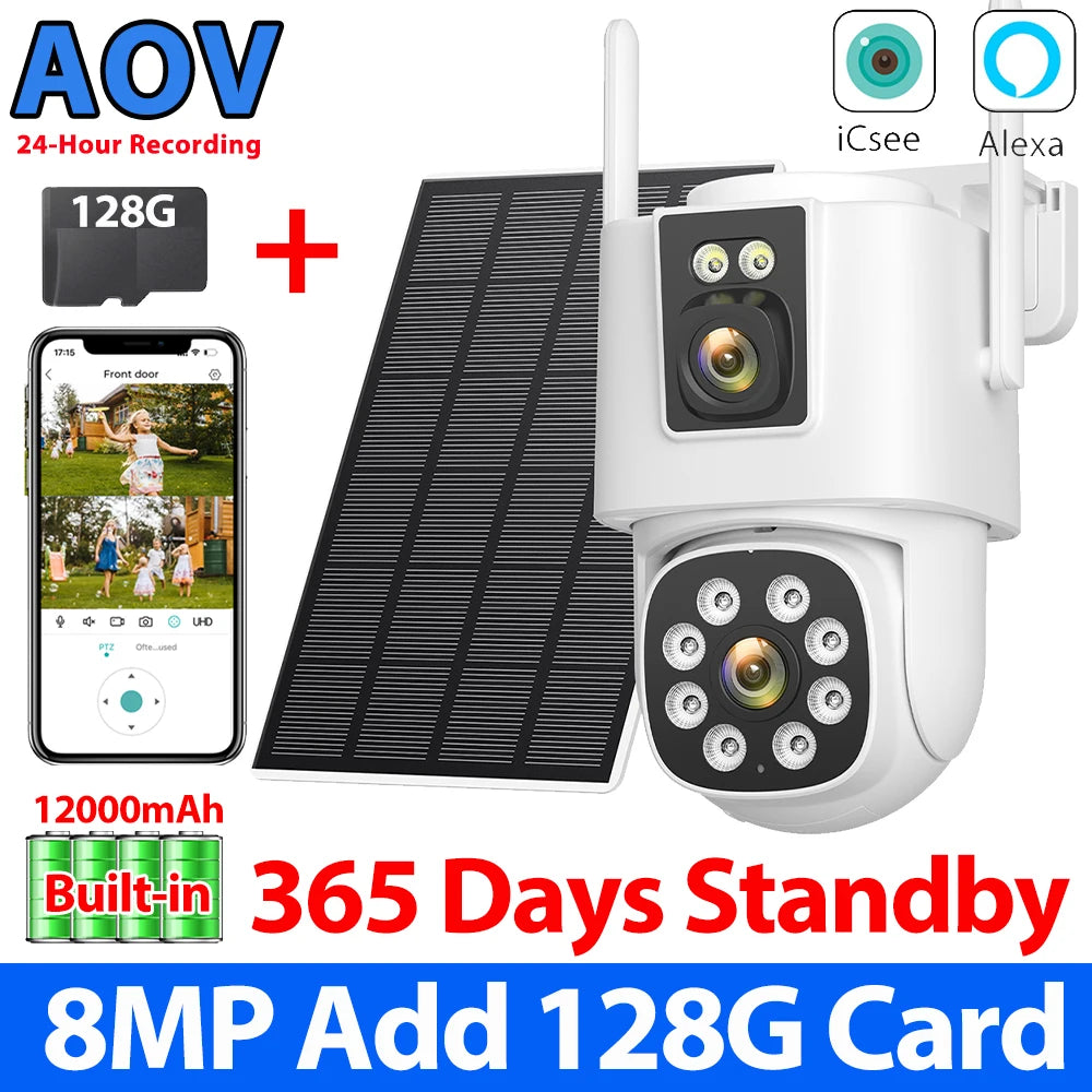 8MP 4K AOV Solar Camera Wifi 7/24 Recording Wireless Outdoor Surveillance Camera Dual Lens 365 Days Standby Home Security ICSEE