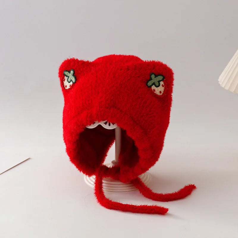 Winter Baby Plush Ear Protection Hat Cute Cherry Toddler Headgear Bonnet Thick Warm Kids Earmuffs Cap 8-36Month Children Beanies