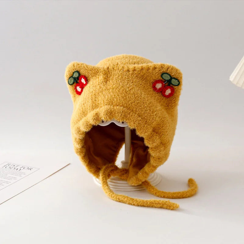 Winter Baby Plush Ear Protection Hat Cute Cherry Toddler Headgear Bonnet Thick Warm Kids Earmuffs Cap 8-36Month Children Beanies