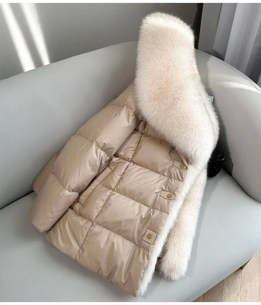 2025 Winter New Mid-length Temperament White Goose Puffer Parkas Women Fox Fur Detachable Large Lapel Fur Down Jacket High Qual