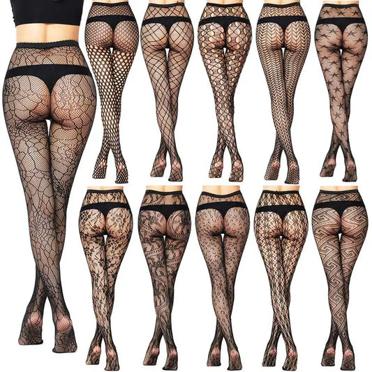 Sexy Mesh Stockings Print Patterns Flower Heart Skull Nylon Push Up  Slim Women Fishnet Tights Y2k Party Club Gothic Pantyhose